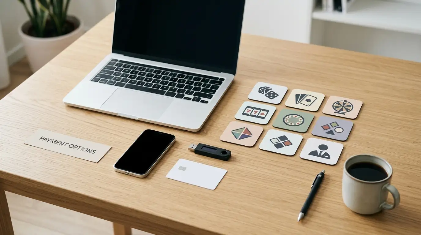 Laptop, phone and payment objects arranged beside abstract game-category tiles
